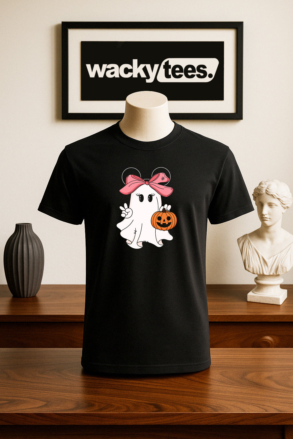 Cute Halloween Female Ghost with Pumpkin Trick Or Treating Graphic Tee Shirt