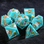 Plush White Cat Blue Resin DND Dice Set + Gold Font