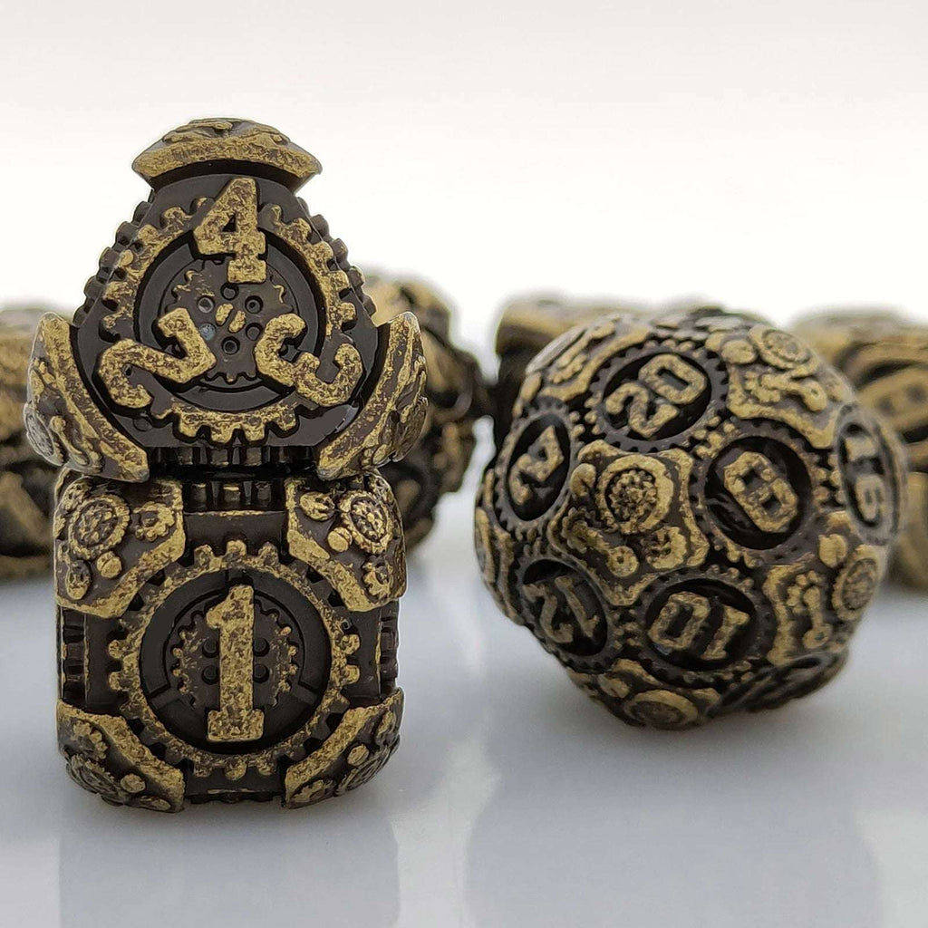 Cyberpunk Bronze Mechanical Gear Metal DND Polyhedron Dice Set