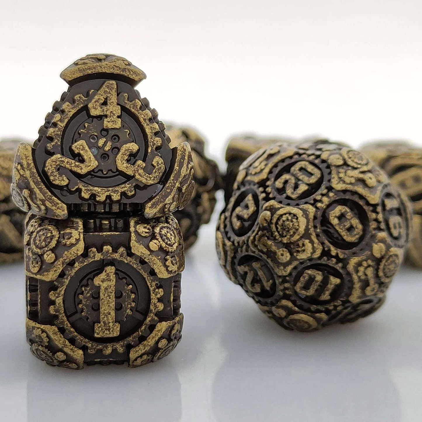 Cyberpunk Bronze Mechanical Gear Metal DND Polyhedron Dice Set