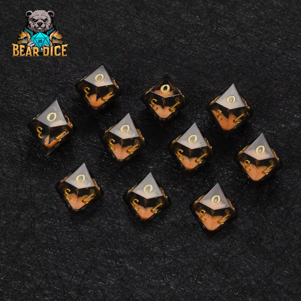 Orange Resin d10 Die + Gold Numerals (Ten-Sided Die)
