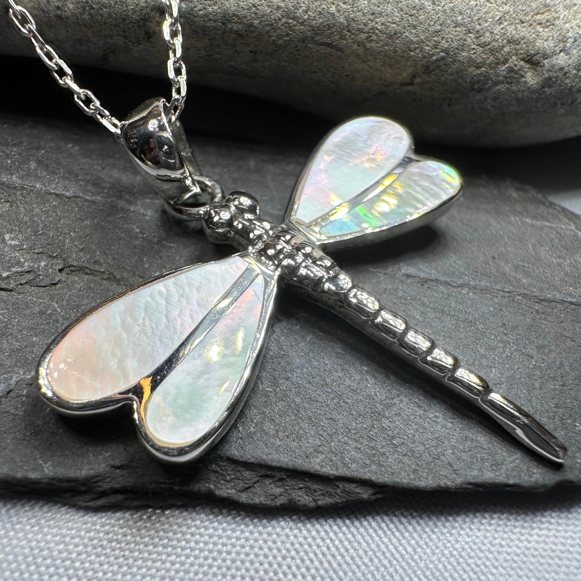 Shimmering Dragonfly Necklace - blue abalone shell