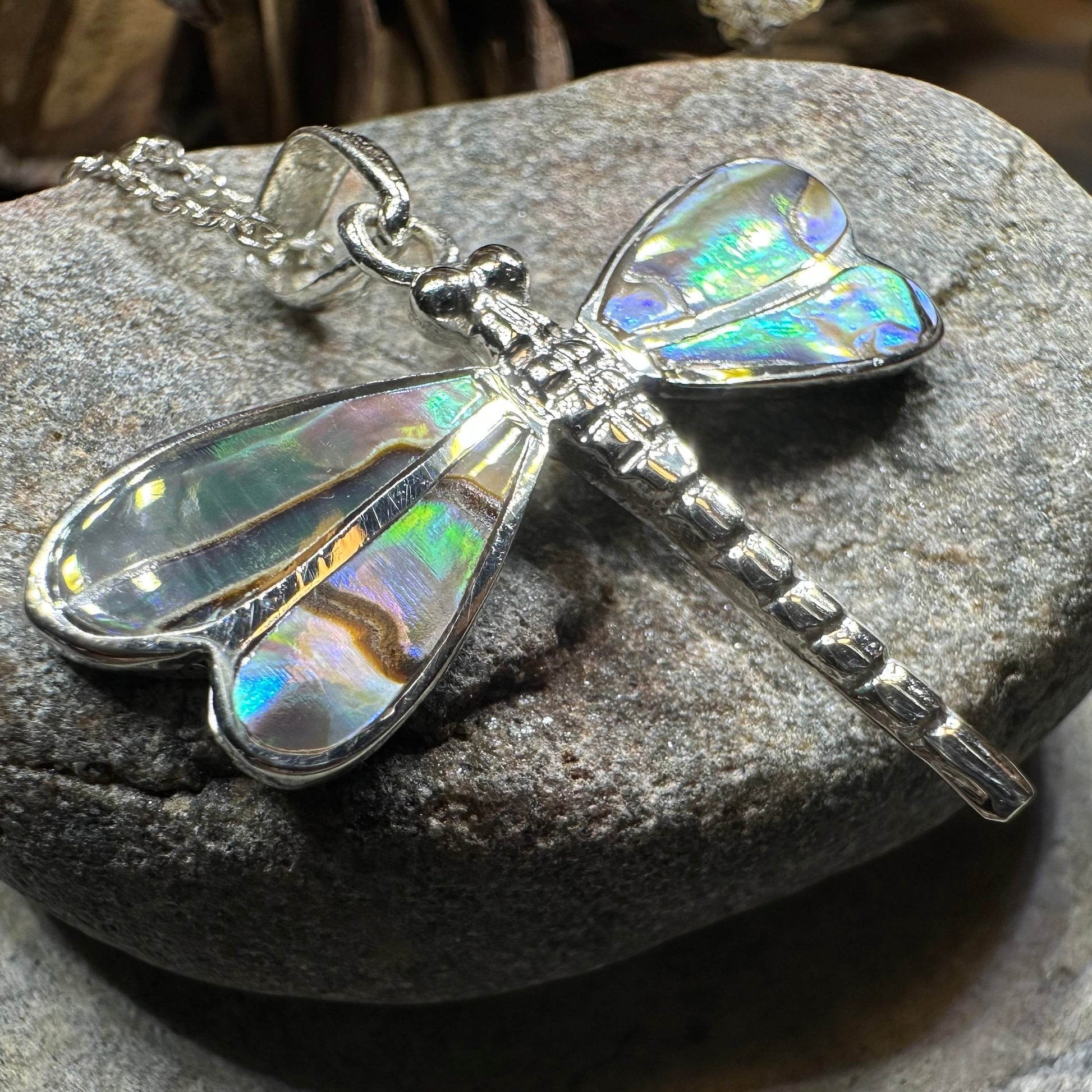 Shimmering Dragonfly Necklace - blue abalone shell