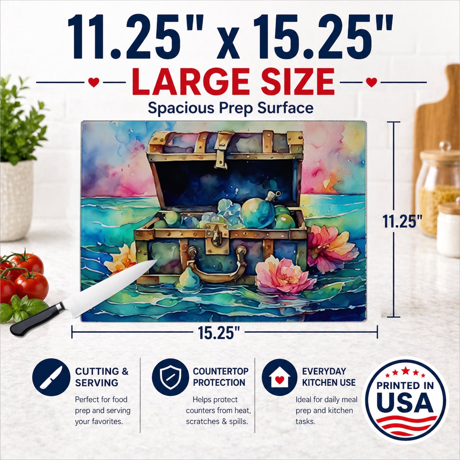 Treasure Chest Glass Cutting Board Large
