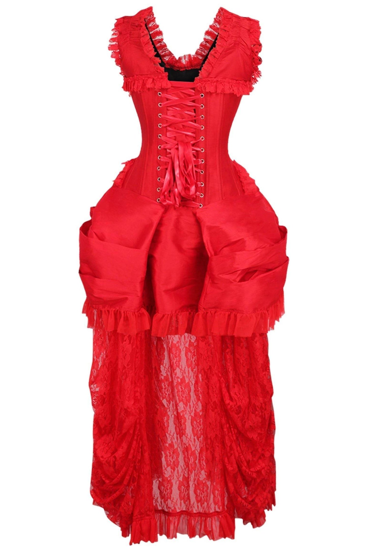 Top Drawer Steel Boned Red Lace Victorian Bustle Corset Dress - Small