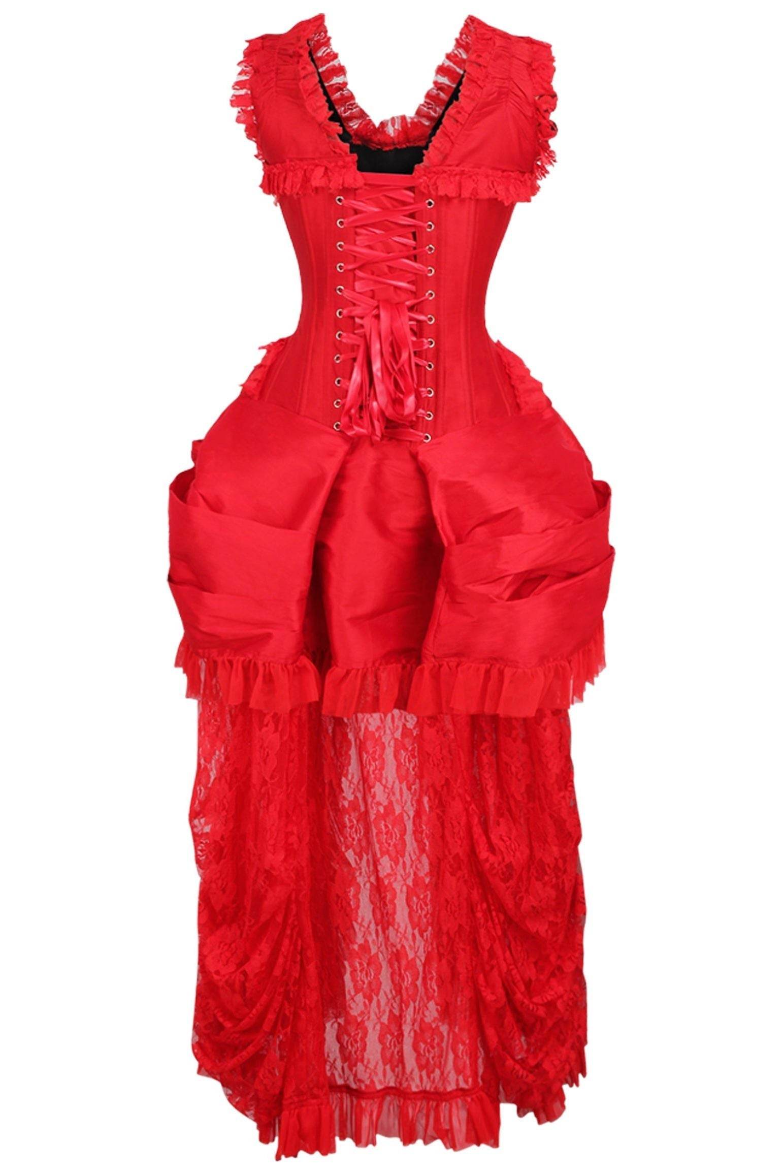 Top Drawer Steel Boned Red Lace Victorian Bustle Corset Dress - Small