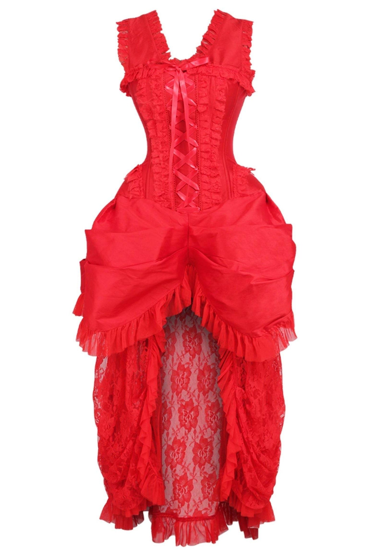 Top Drawer Steel Boned Red Lace Victorian Bustle Corset Dress - Small