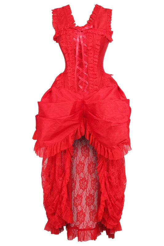 Top Drawer Steel Boned Red Lace Victorian Bustle Corset Dress - Small