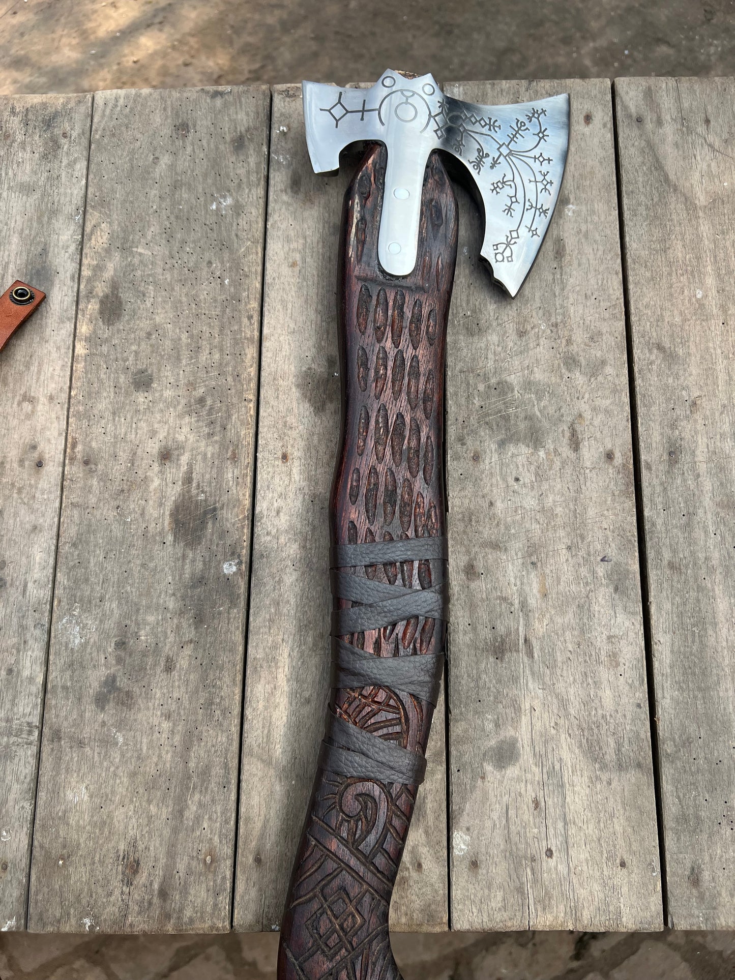 Hand Engraved Viking Double-Bit Axe with Carved Hardwood Handle and Norse Rune Detailing | Handmade Damascus Steel Collector Axe | JW SteelCrafts