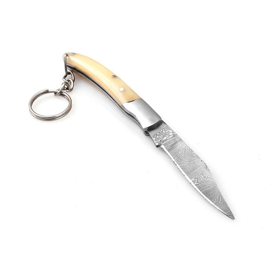 Miniature Damascus Steel Keychain Pocket Knife Bone Handle-0