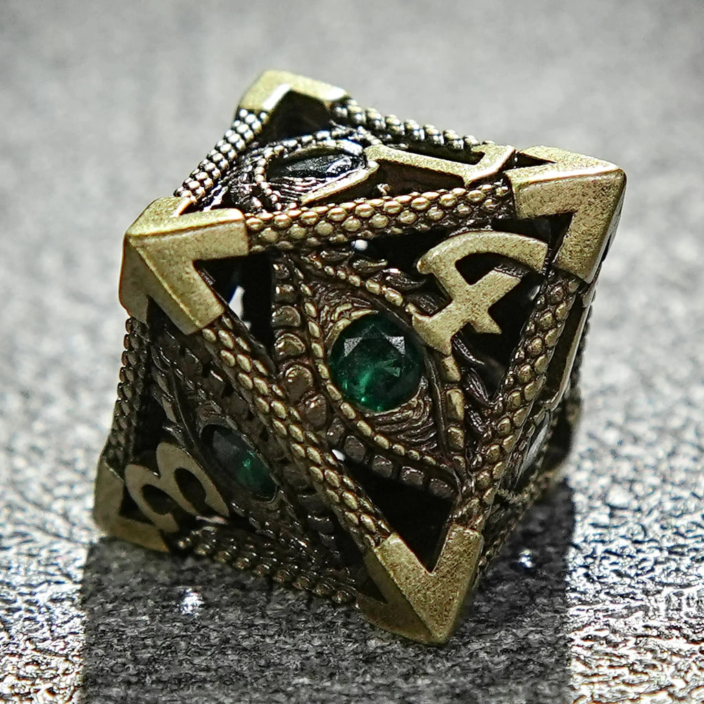 Bronze Emerald Dragon Eye Hollow Metal DND Dice Set
