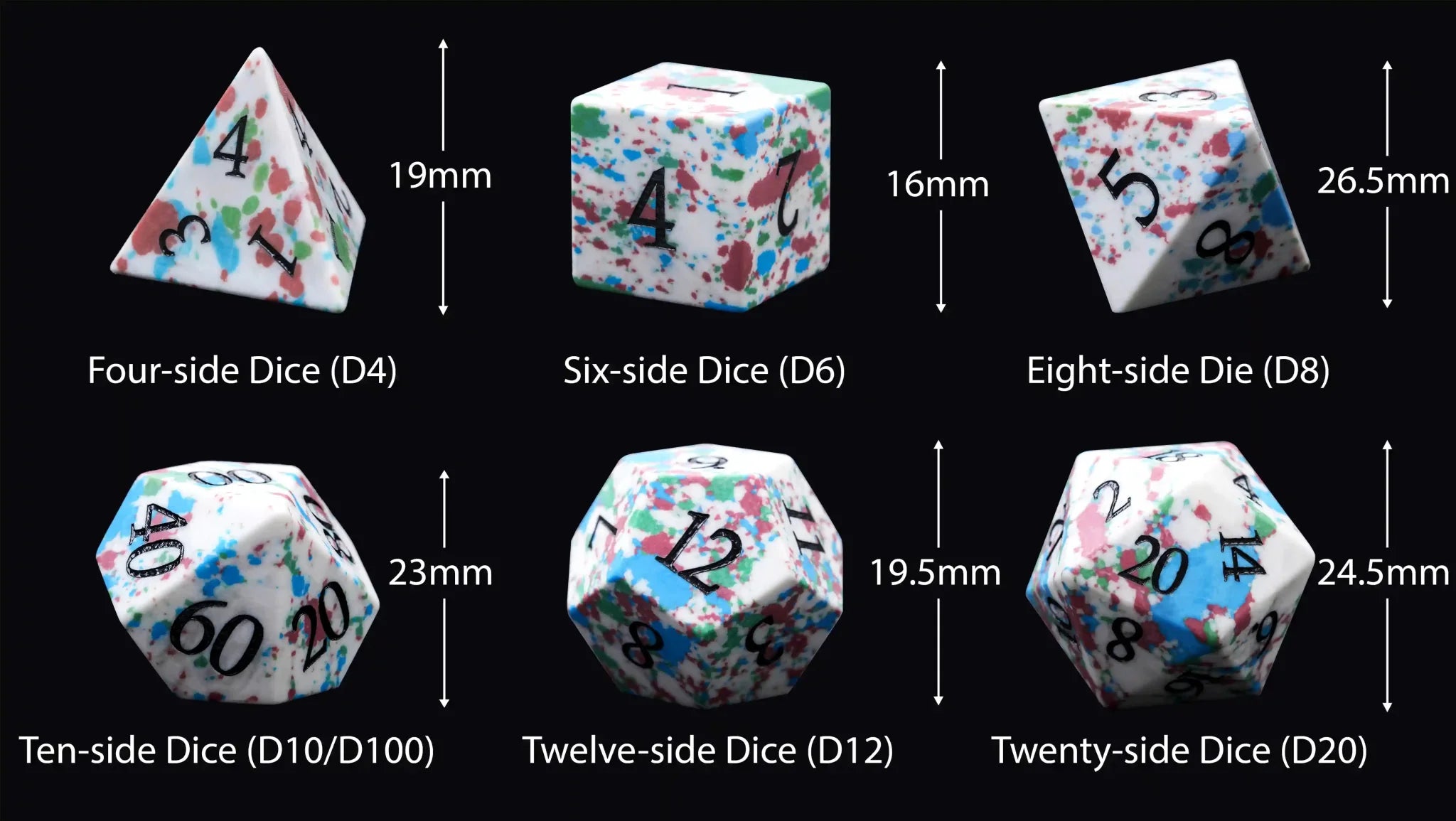 Natural color spotted gemstone DND dice set + black font