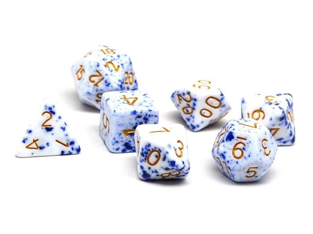 Collection de dés mouchetés bleus et blancs - Ensemble de 7 pièces