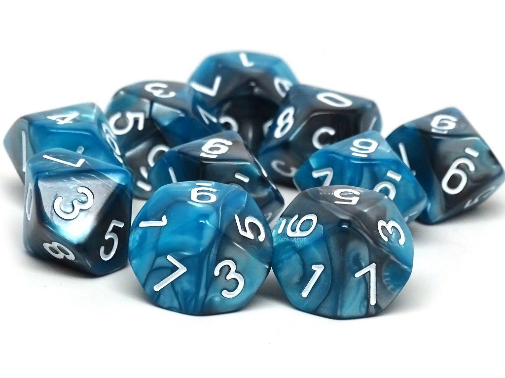 Pack D10 - Paquet de dix dés à 10 faces en granit bleu sarcelle et gris