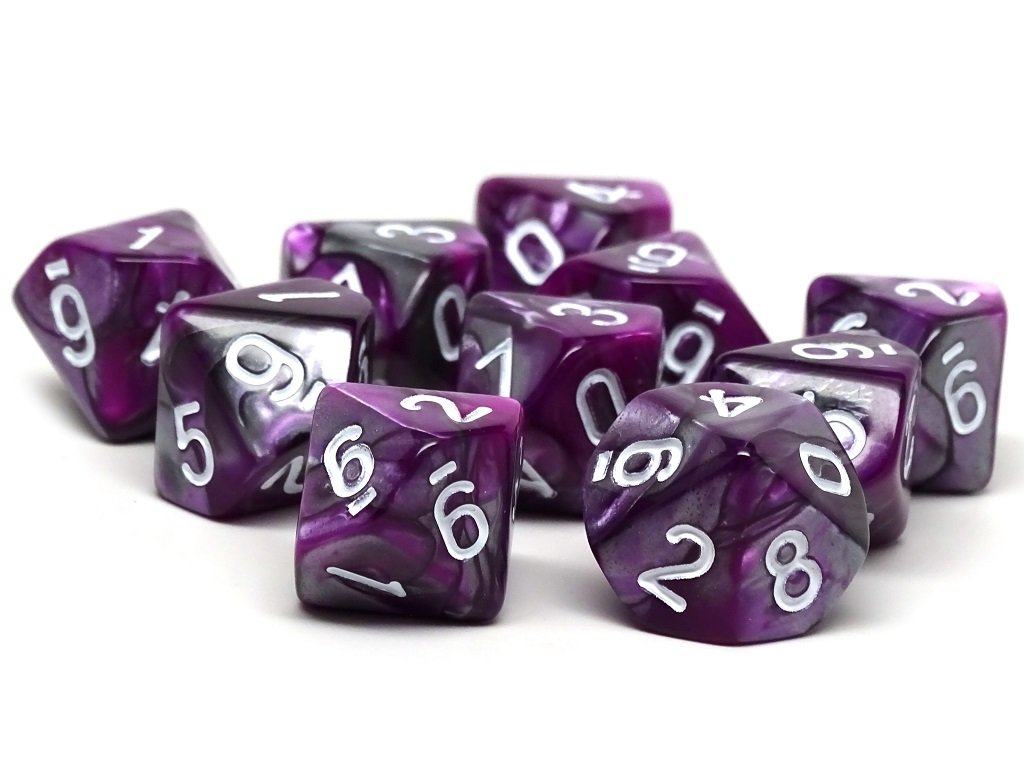 Pack D10 - Pack de dix comptes de dés à 10 faces en granit violet et gris