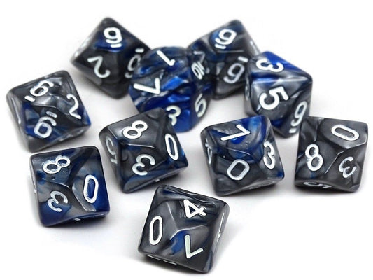 Pack D10 - Pack de dix comptes de dés à 10 faces en granit bleu et argent