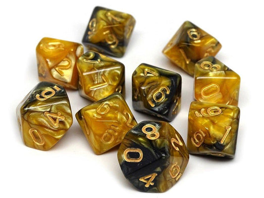 Pack D10 - Pack de dix dés en granit jaune et noir à 10 faces
