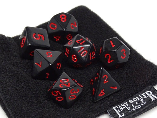 Collection de dés noirs opaques avec numérotation rouge - Ensemble de 7 pièces