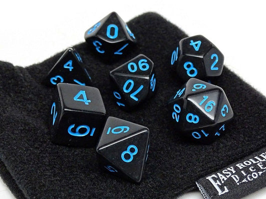 Collection de dés noirs opaques avec numérotation bleue - Ensemble de 7 pièces