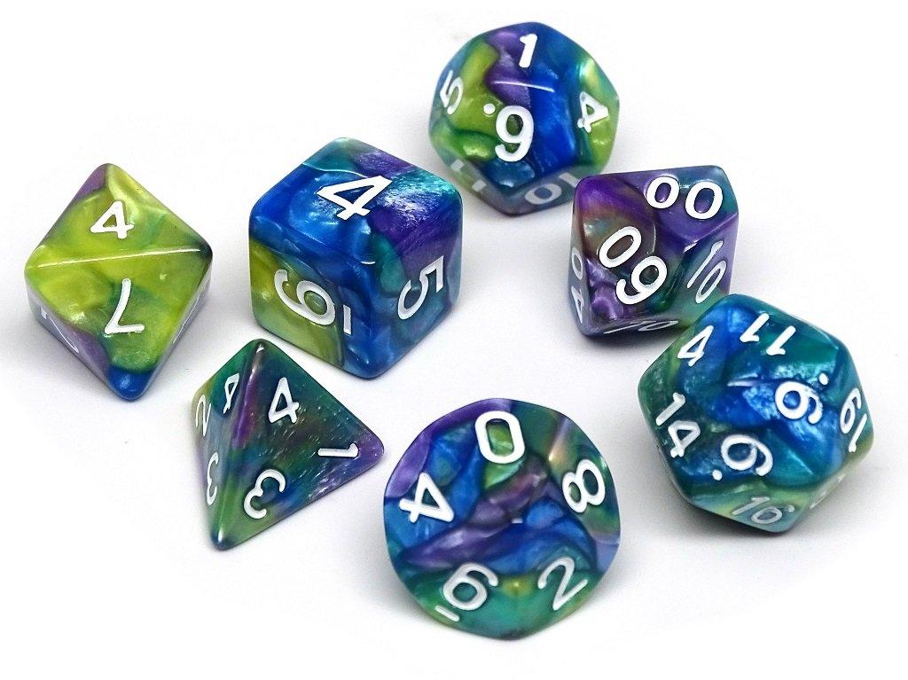 Green, Purple, and Blue Marble Dice Collection - 7 Piece Set