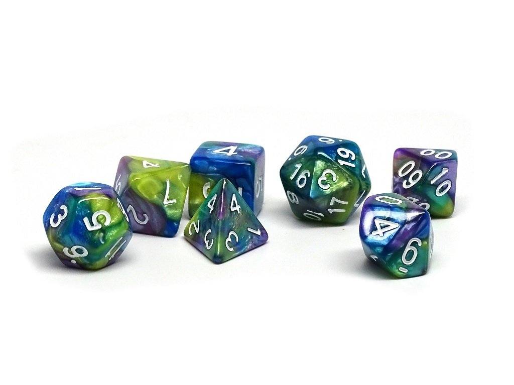 Green, Purple, and Blue Marble Dice Collection - 7 Piece Set