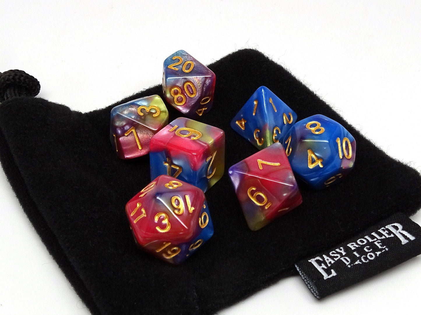 Blue, Pink, and Yellow Marble Dice Collection - 7 Piece Set