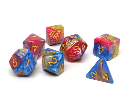 Collection de dés en marbre bleu, rose et jaune - Ensemble de 7 pièces