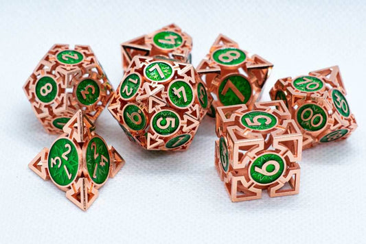 Rose Gold w/Green Deadly Arrow Dice | 7-Dice RPG Set High Visibility - 