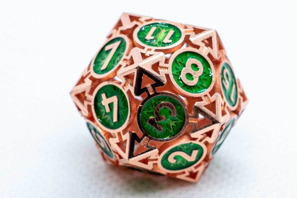 Rose Gold w/Green Deadly Arrow Dice | 7-Dice RPG Set High Visibility - 