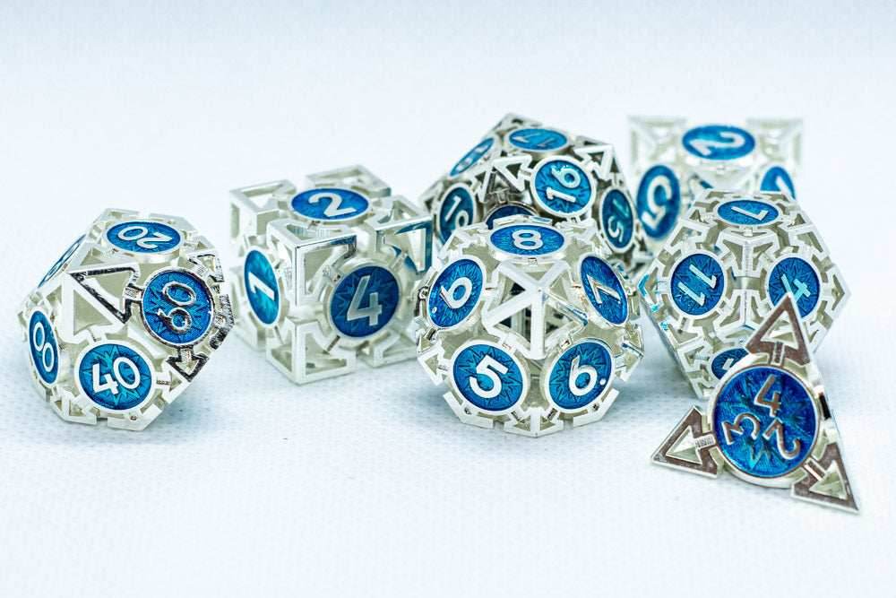 Tritan Silver w/Blue Deadly Arrow Dice | 7-Dice RPG Set High Visibility - 