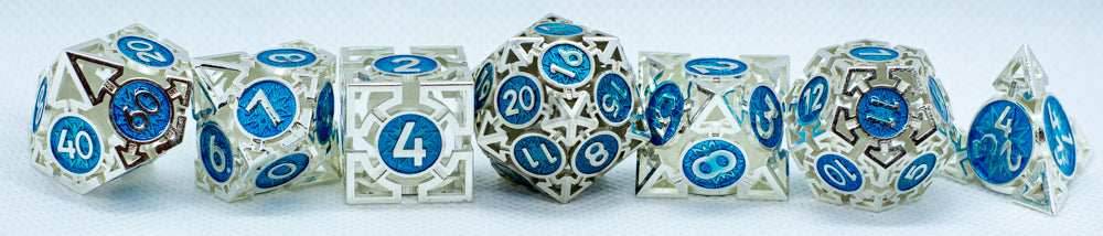 Tritan Silver w/Blue Deadly Arrow Dice | 7-Dice RPG Set High Visibility - 