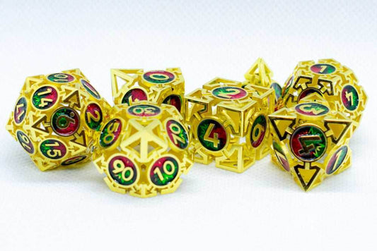 Gold w/Red-Green Deadly Arrow Dice | 7-Dice RPG Set High Visibility - 