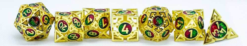 Gold w/Red-Green Deadly Arrow Dice | 7-Dice RPG Set High Visibility - 