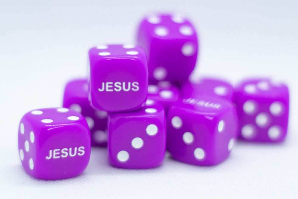 10-Pack Purple 16mm d6 Dice Featuring 'JESUS' on the 6 side - 