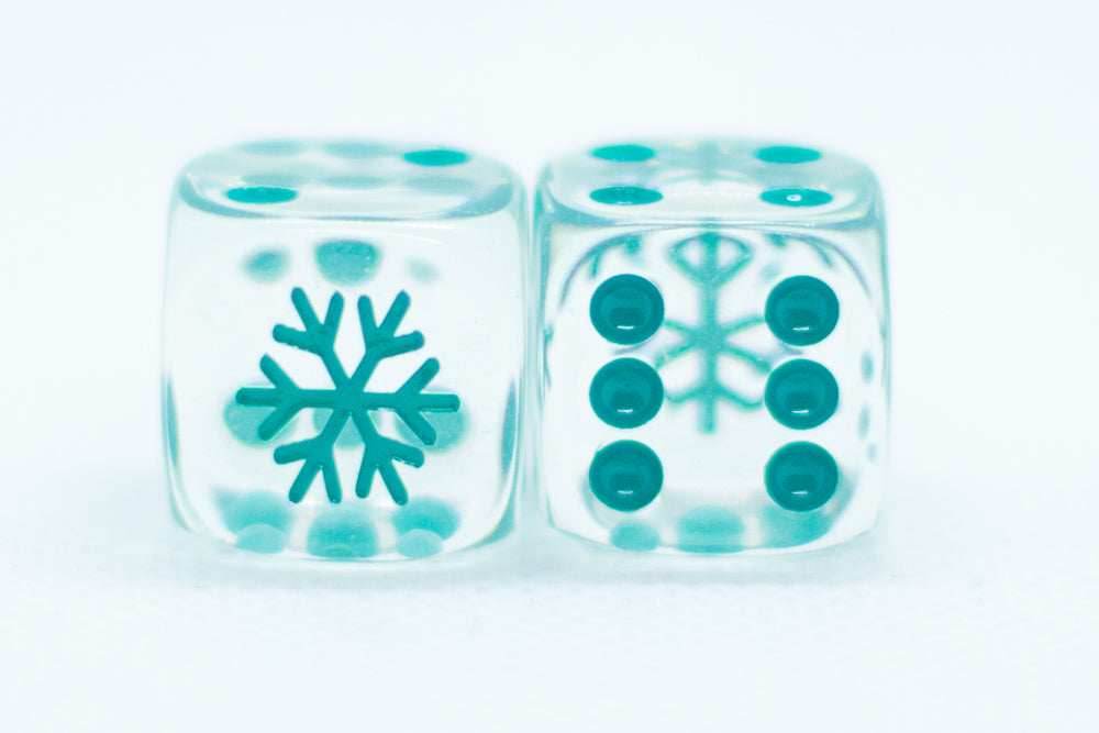 10-Pack Clear w/Teal 16mm d6 Dice Featuring a Snowflake on the '1' side - 