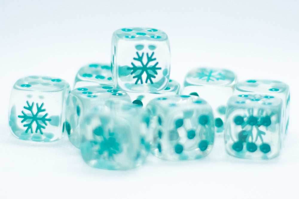 Clear w/Teal 16mm d6 Dice Featuring a Snowflake on the '1' side (sold per die) - 