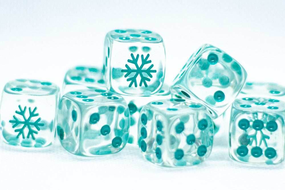 10-Pack Clear w/Teal 16mm d6 Dice Featuring a Snowflake on the '1' side - 