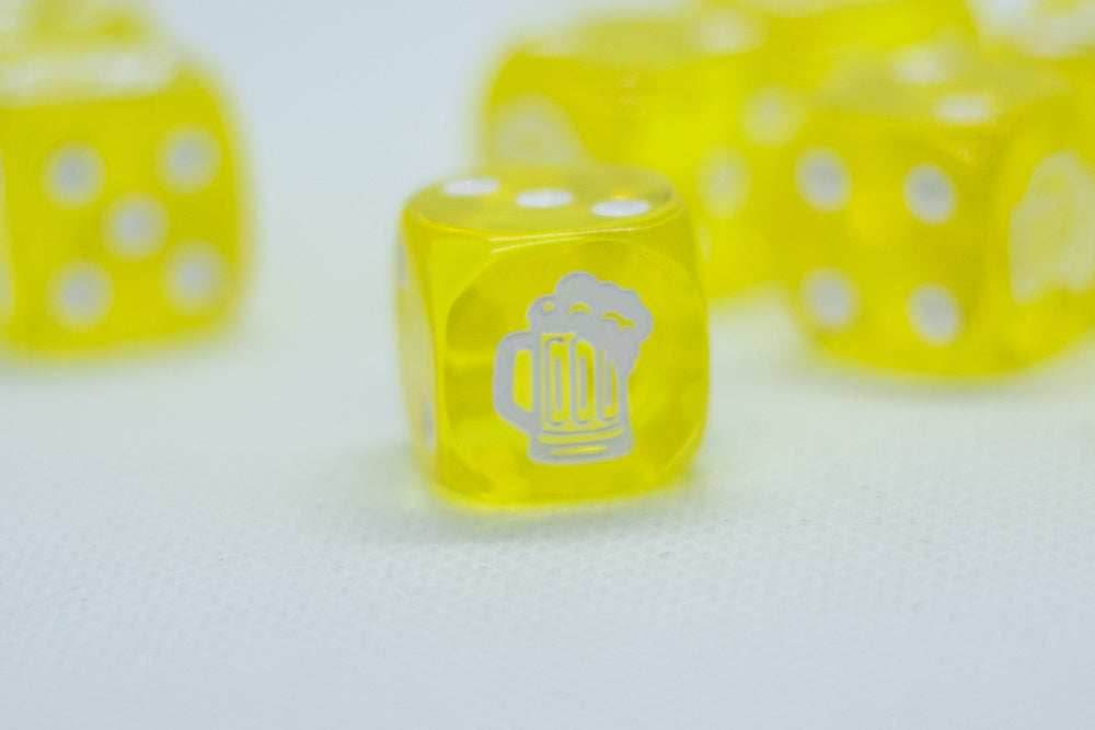 Clear Yellow w/White 16mm d6 Dice Featuring a White Mug on the '1' side (sold per die) - 