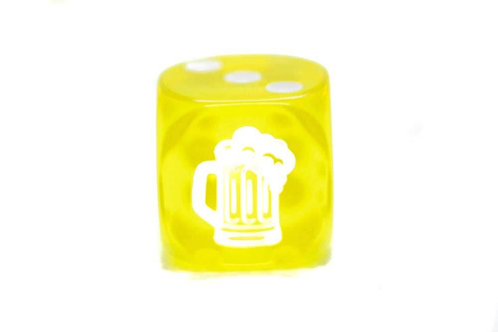 Clear Yellow w/White 16mm d6 Dice Featuring a White Mug on the '1' side (sold per die) - 