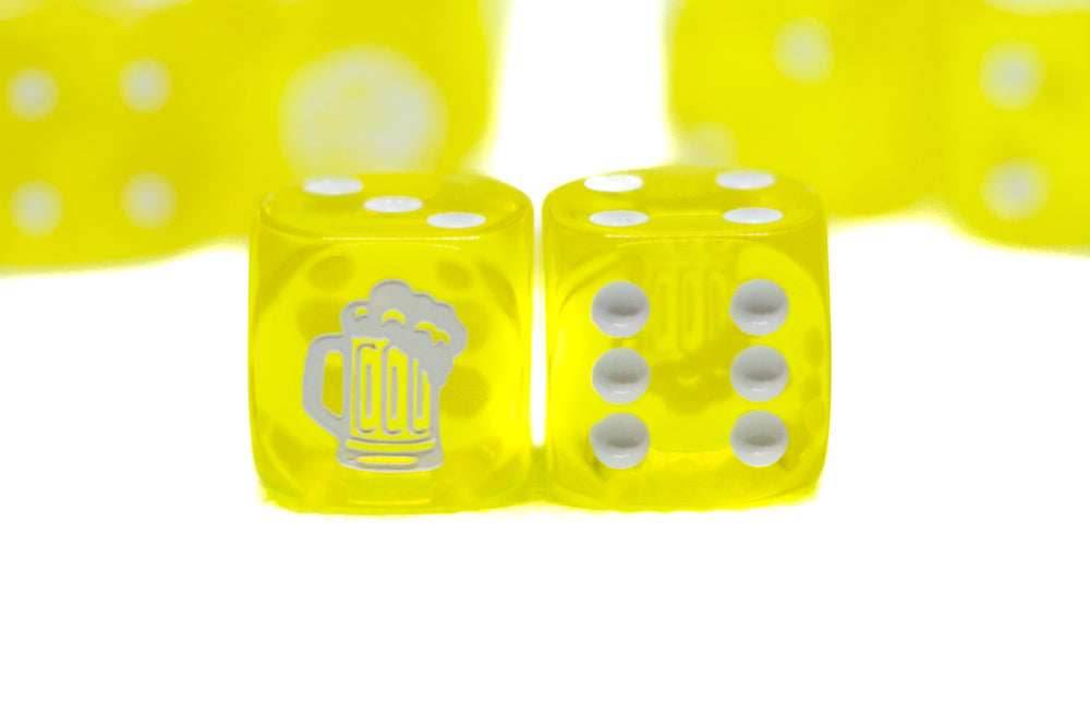 10-Pack Clear Yellow w/White 16mm d6 Dice Featuring a White Mug on the '1' side - 