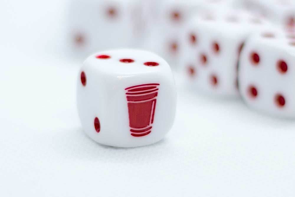 10-Pack Opaque White w/Red 16mm d6 Dice Featuring a Red Cup on the '1' side - 