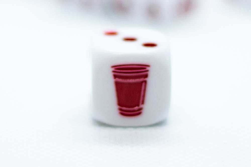 10-Pack Opaque White w/Red 16mm d6 Dice Featuring a Red Cup on the '1' side - 