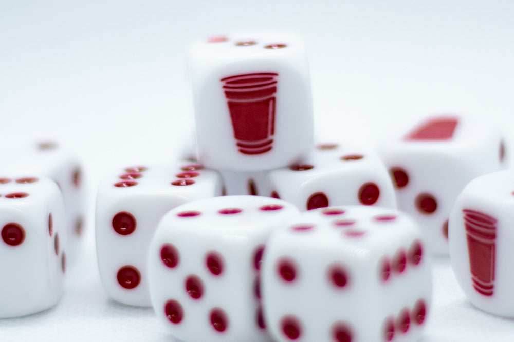 Opaque White w/Red 16mm d6 Dice Featuring a Red Cup on the '1' side (sold per die) - 