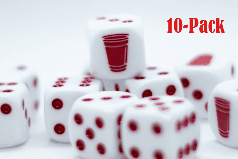 10-Pack Opaque White w/Red 16mm d6 Dice Featuring a Red Cup on the '1' side - 
