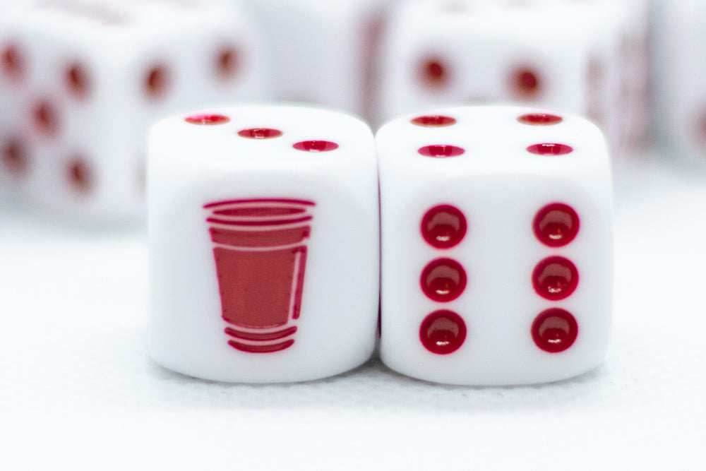 10-Pack Opaque White w/Red 16mm d6 Dice Featuring a Red Cup on the '1' side - 