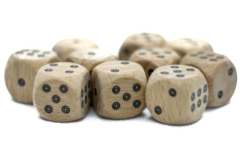 10-Pack Birds-Eye Wooden 16mm d6 Dice w/ Black Dots Rounded Corners - Wood Dice - 