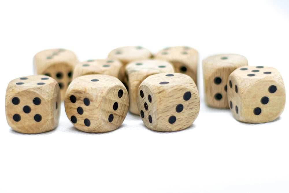 10-Pack Wooden 16mm d6 Dice w/ Black Dots Rounded Corners - Wood Dice - 