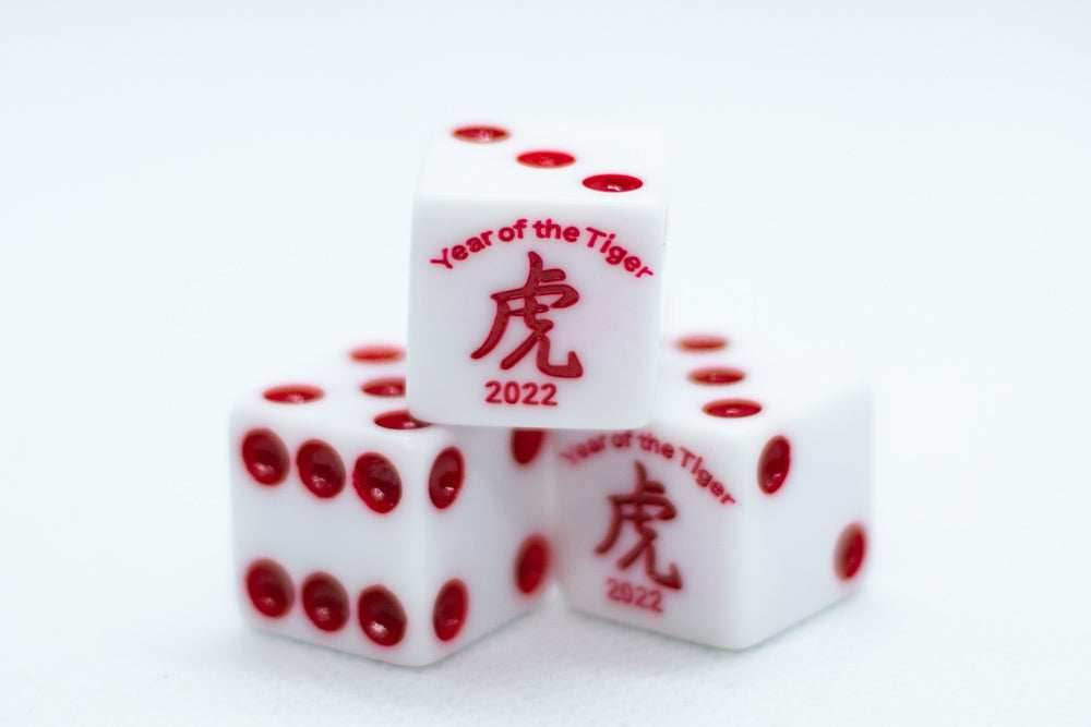 10-Pack Year of the Tiger Opaque White w/Red 16mm d6 Dice on the '1' side - 