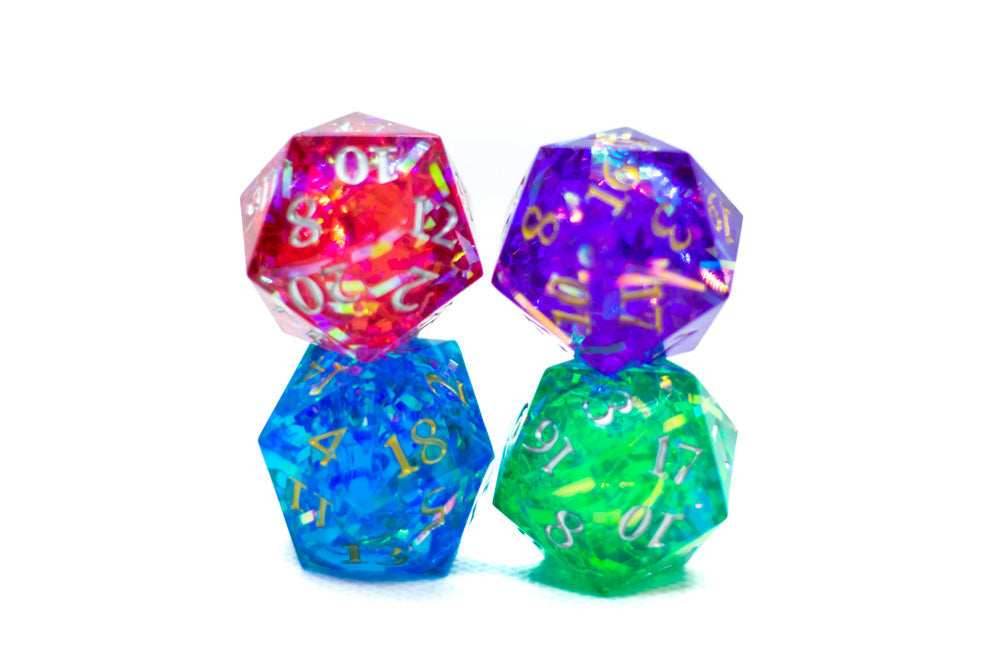 Red/Blue/Green/Purple Sharp Edge Resin d20 w/ Shimmer Insert - 4-Pack (Red/Green/Blue/Purple)