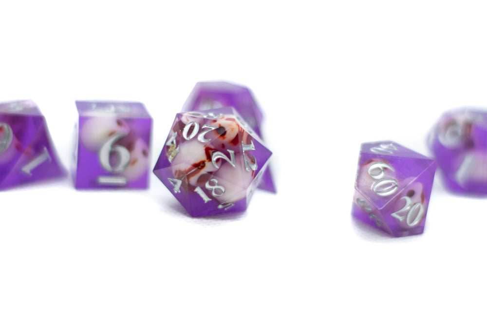 Purple Skull Inclusion 7-Dice Set Resin Sharp Edge RPG DND (Limited Stock) - 